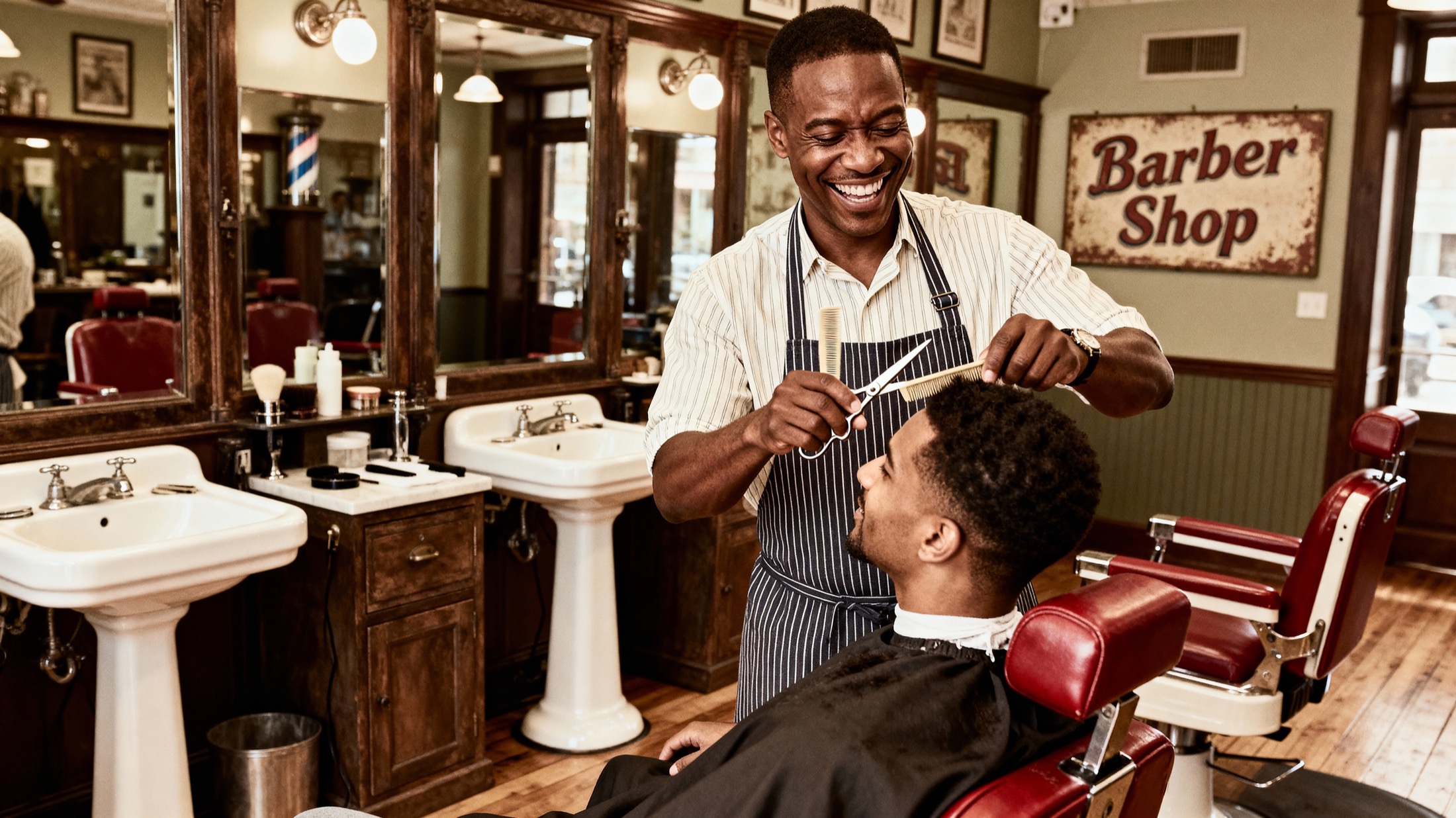 Barber and client sharing a relaxed moment in the shop.